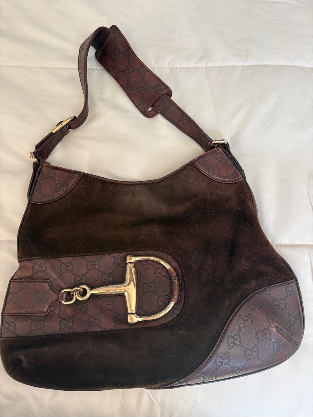 Gucci Dark Brown Suede & GG Leather Hobo with Gold Horsebit